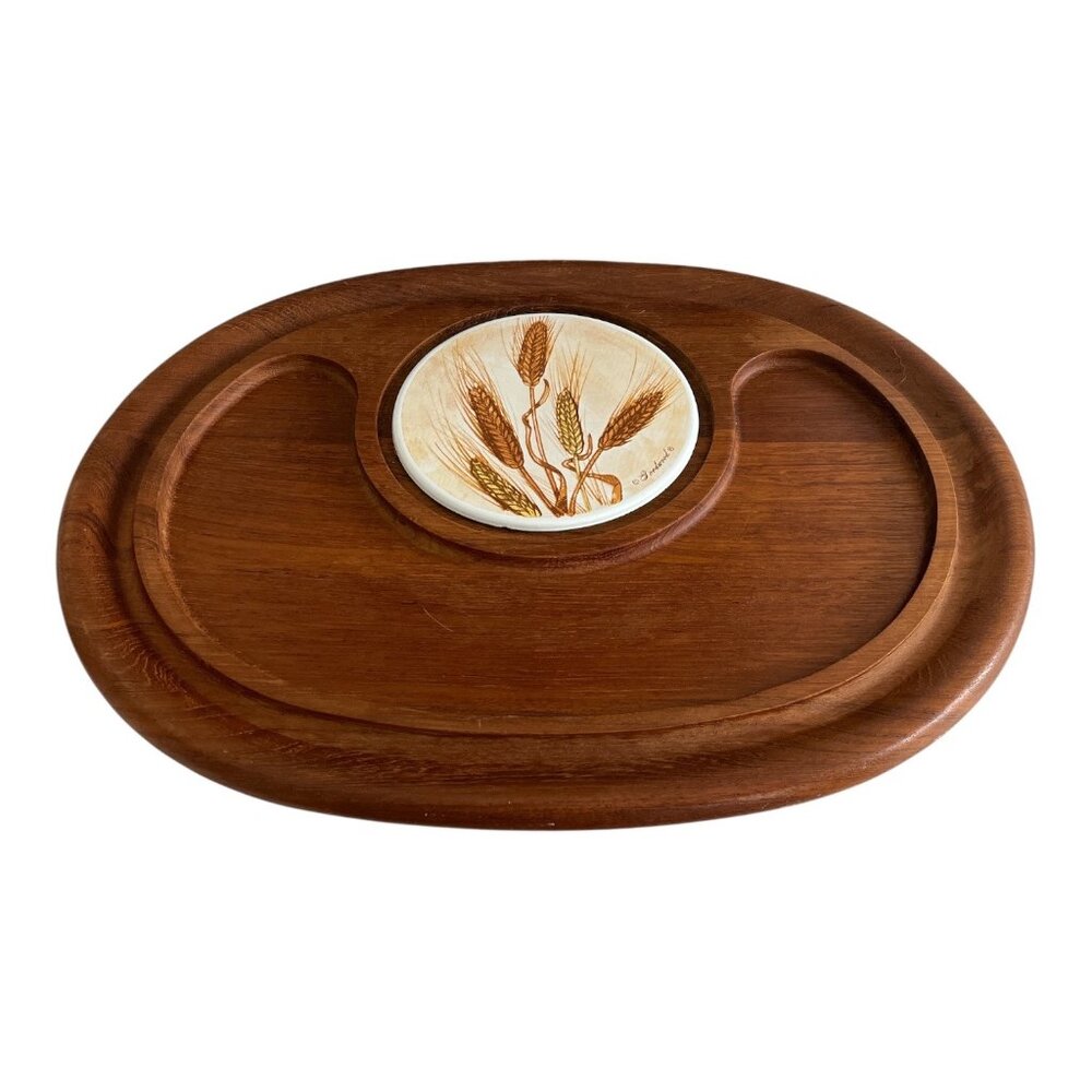 Vintage Good Wood Genuine Teak Thailand Serving Tray With Ceramic Wheat Tile Cen